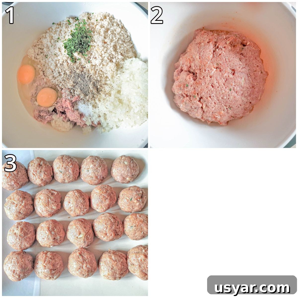 Three images showing steps for mixing the meatballs.