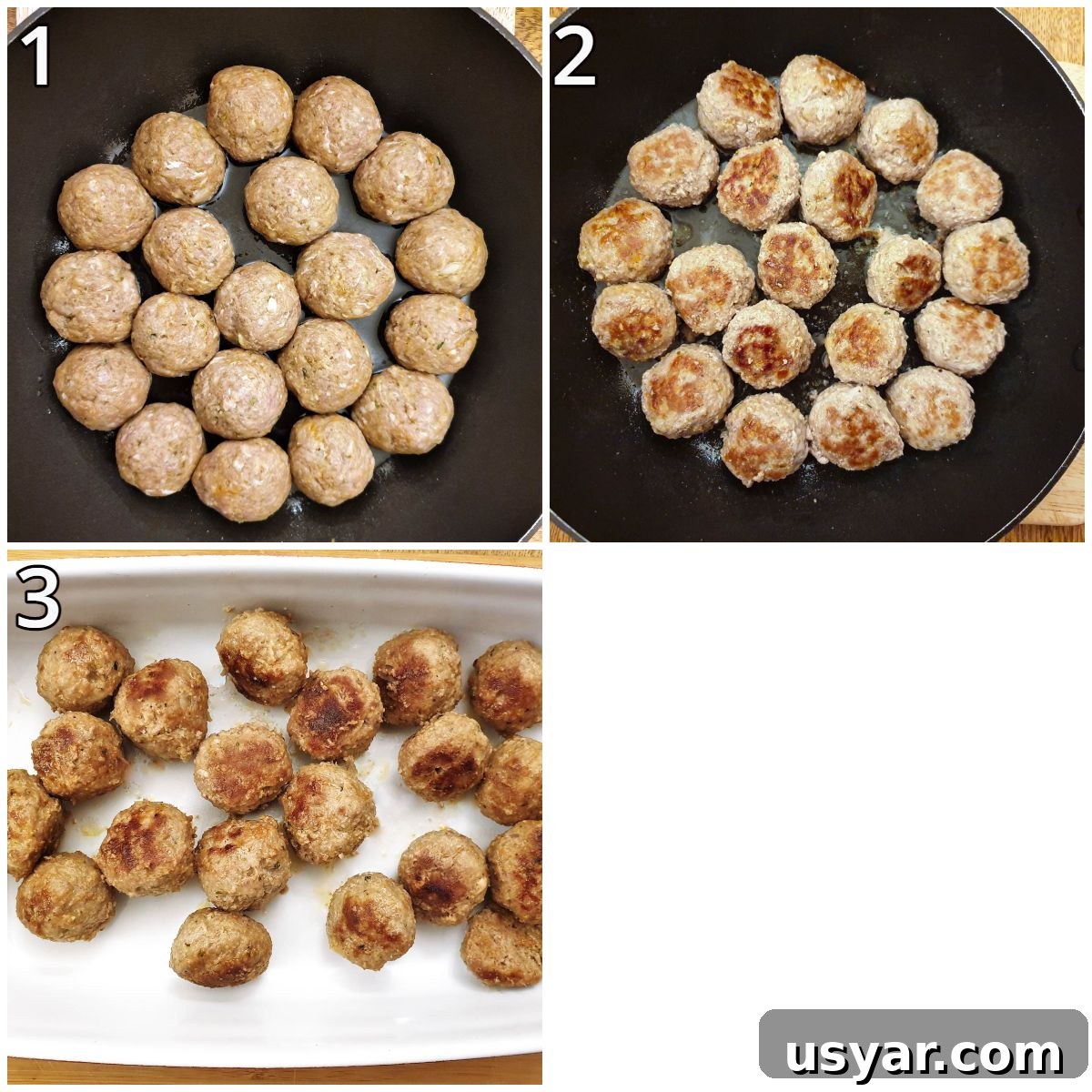 Three images showing steps for frying the meatballs.