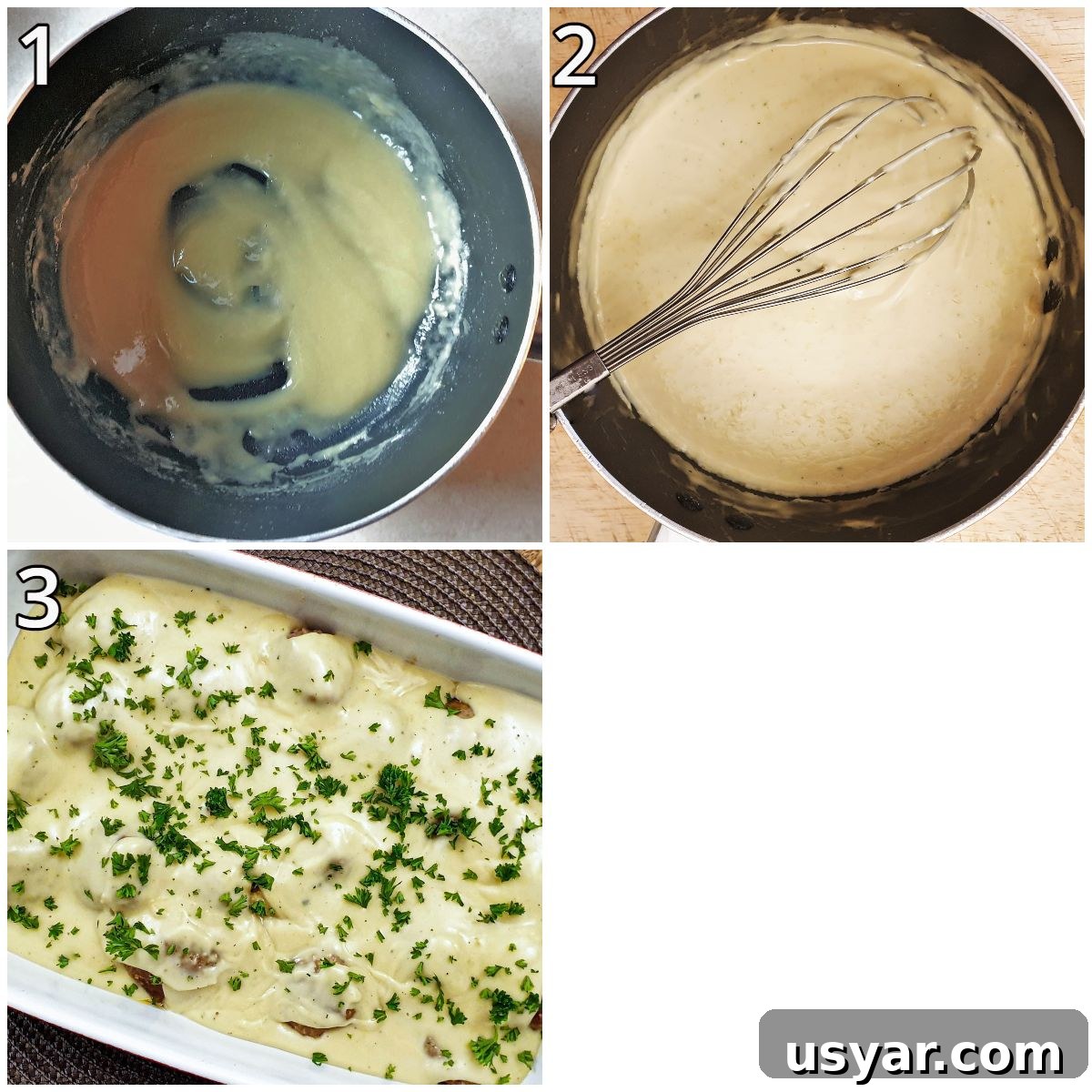Collage of 3 images showing steps for making mustard sauce.