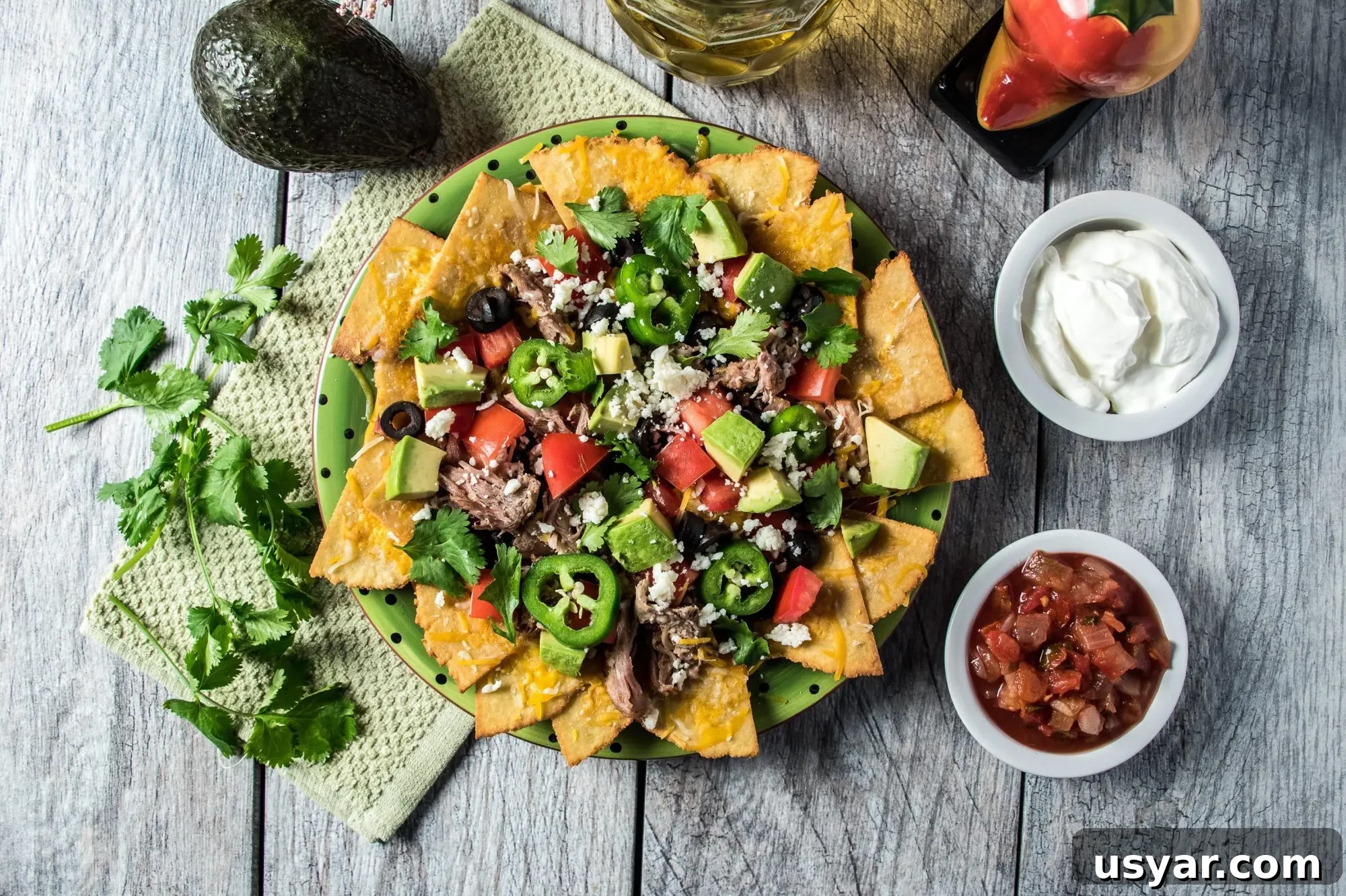 Loaded Pork Carnitas Nachos with Avocado Salsa 2 Pork carnitas close-up