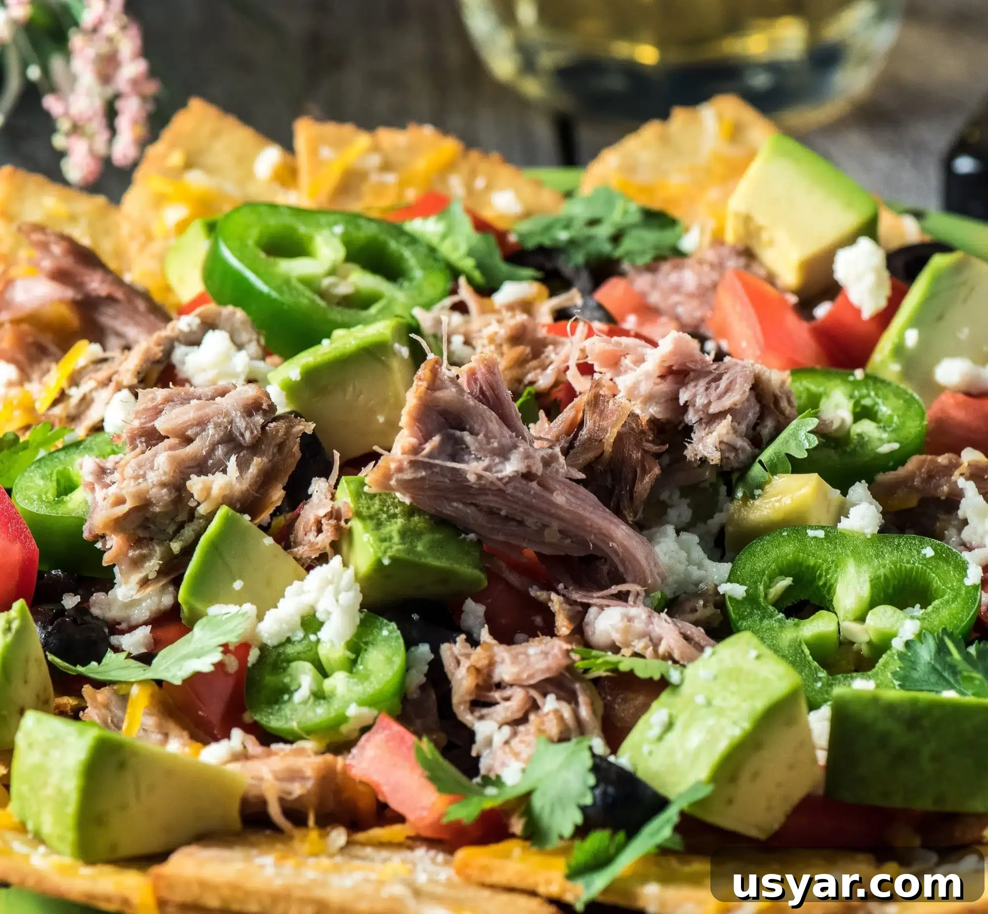 Loaded Pork Carnitas Nachos with Avocado Salsa 9 Fried almond flour chips