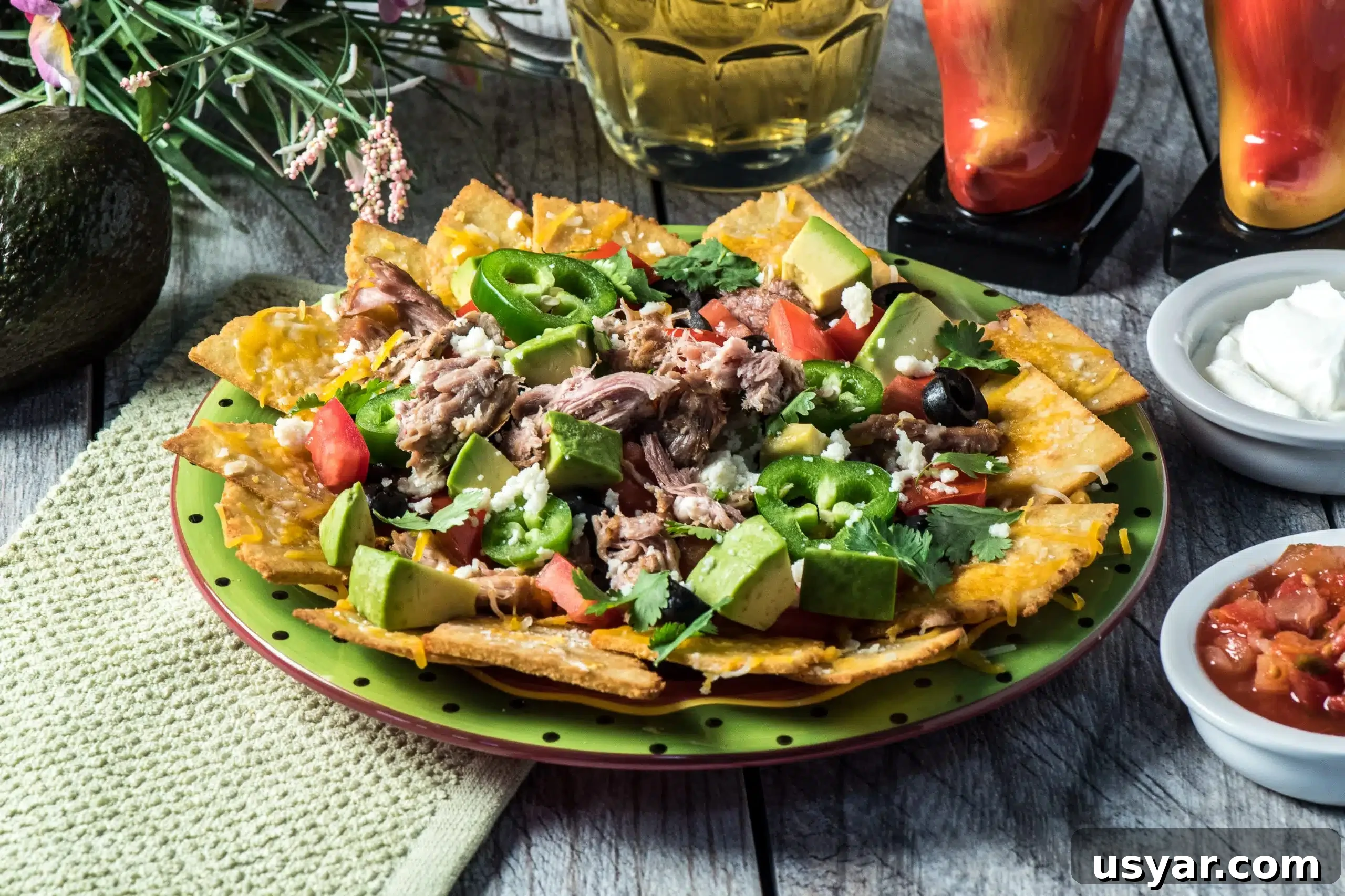 Loaded Pork Carnitas Nachos with Avocado Salsa 6 Nacho toppings