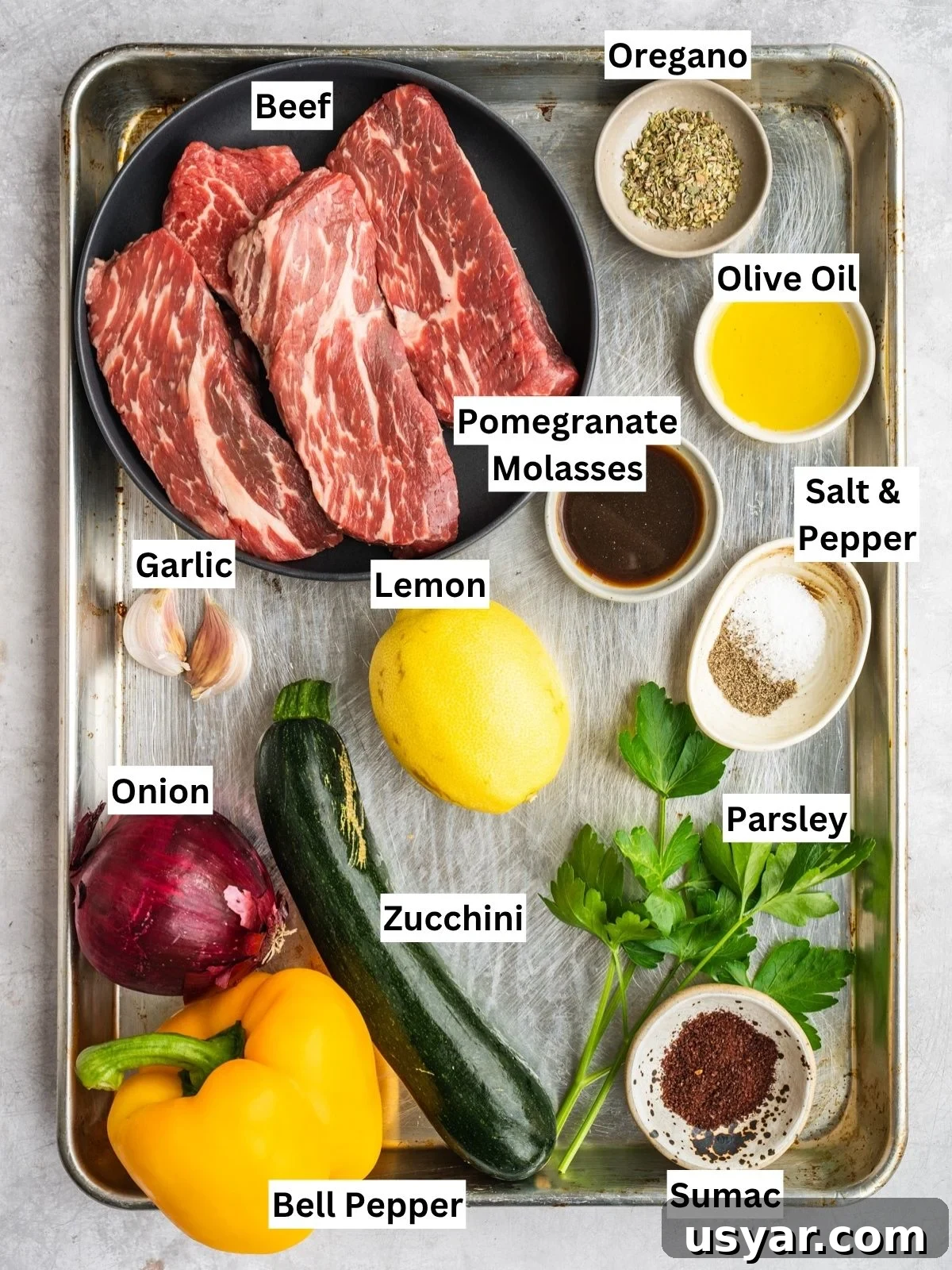 Authentic Middle Eastern Beef Shish Kebab Recipe with Sides 3 A tray displaying labeled ingredients for Middle Eastern Beef Shish Kebabs: raw beef, olive oil, pomegranate molasses, oregano, salt and pepper, parsley, sumac, zucchini, yellow bell pepper, red onion, lemon, and garlic.