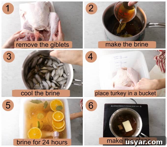 Process photos showing how to make a brown sugar bourbon brined turkey.