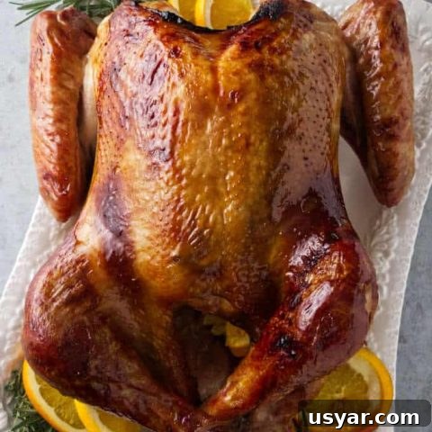 Bourbon brined Traeger turkey with a golden glaze from a brown sugar bourbon glaze.