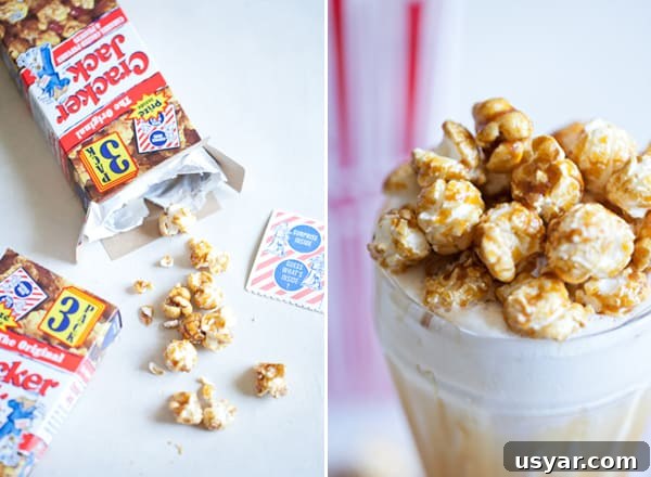 Vanilla Milkshake with Cracker Jack Caramel Popcorn 2 side shot of vanilla milkshake with popcorn on top