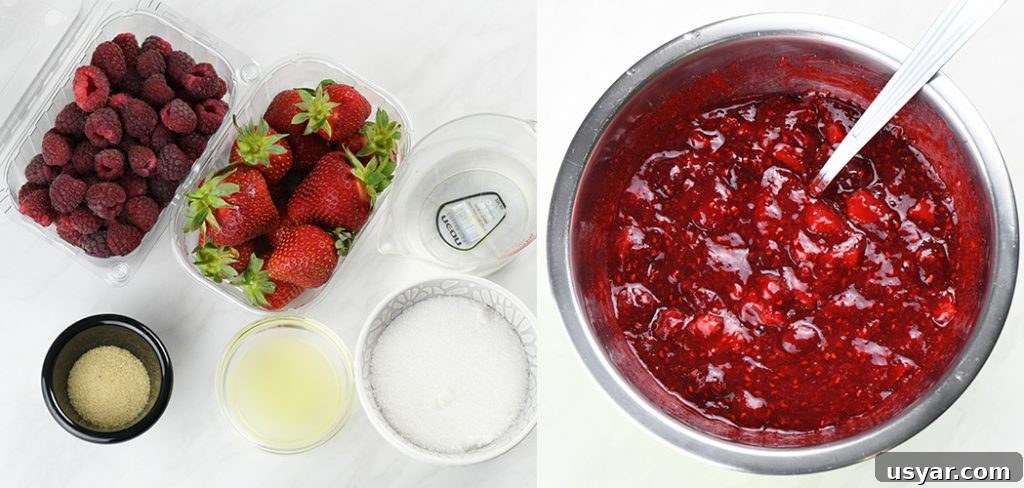 Summer Berry Poke Cake Recipe with Fresh Berries 7 Strawberry and raspberry sauce ingredients