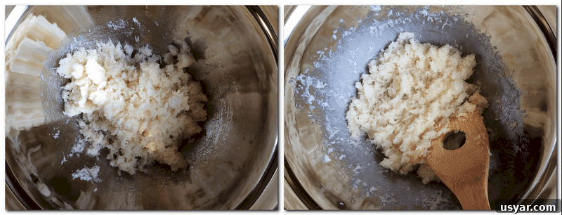 Coconut Macaroons: Congolais vs Rochers Coco 6 Photo 1: Coconut mixture in a bowl Photo 2: Mixture in a bowl over water bath