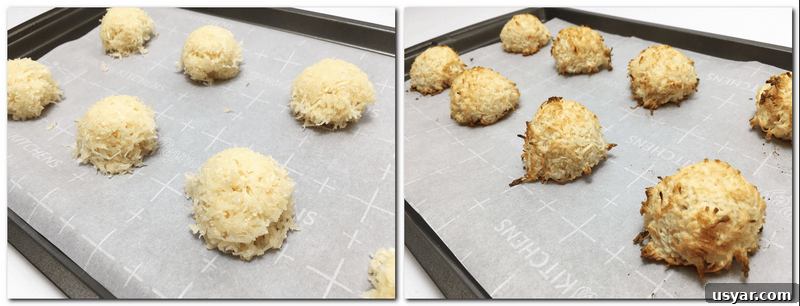 Coconut Macaroons: Congolais vs Rochers Coco 7 Photo 3: Scooped mixture on the parchment paper Photo 4: Baked cookies on the parchment