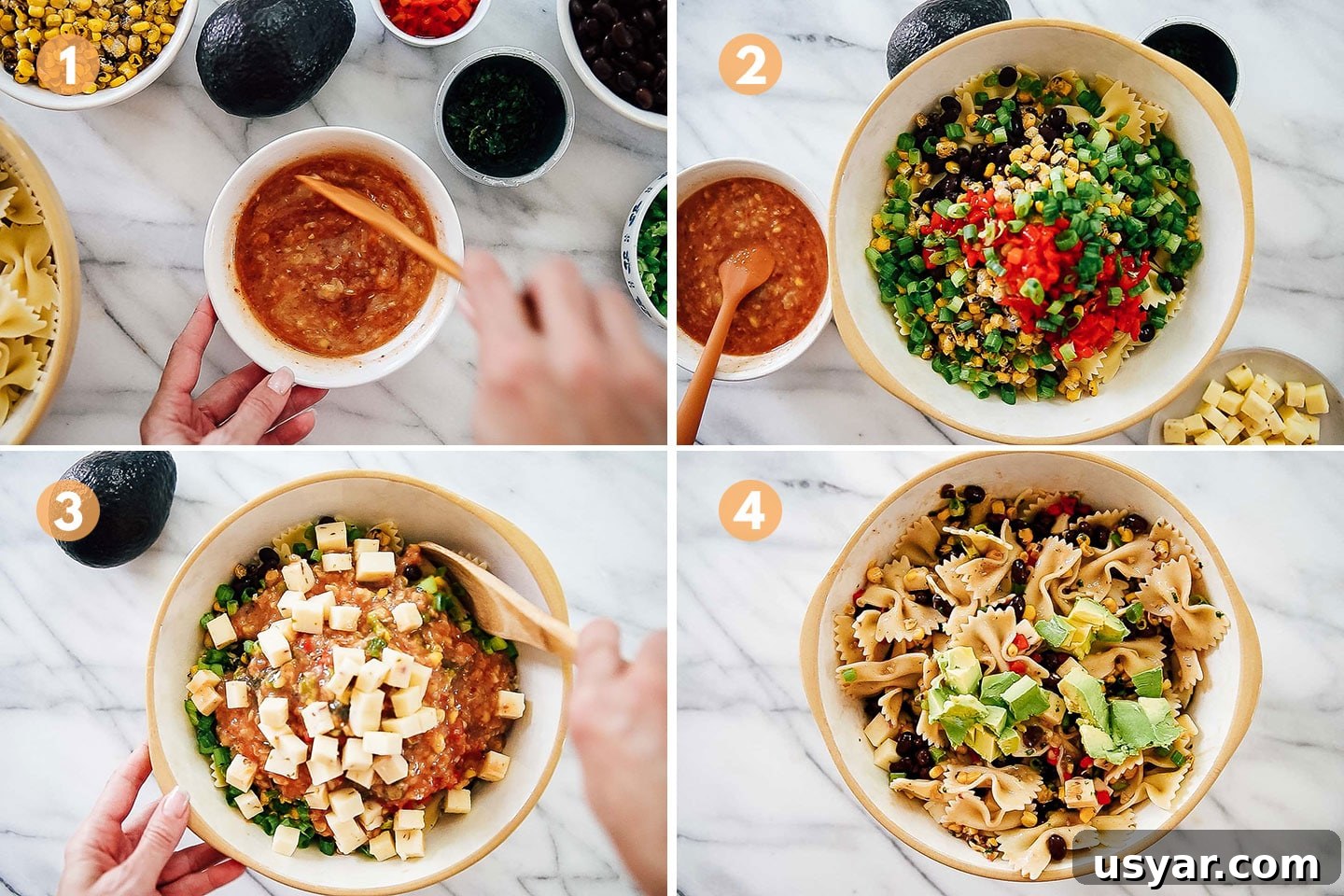 Step by step instructions for making southwest pasta salad.