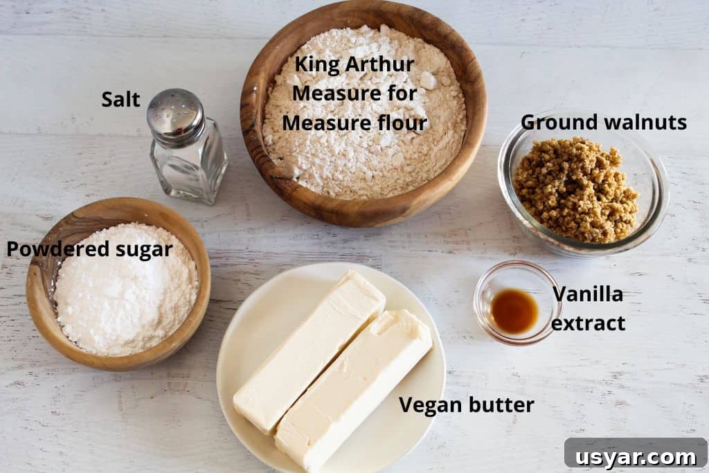 Gluten-Free Mexican Wedding Cookies: Almond Snowball Recipe 3 labeled ingredients for gluten-free mexican wedding cookies on a countertop