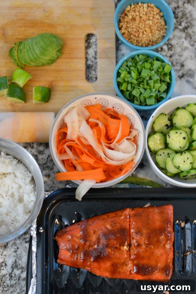 Teriyaki Salmon Rice Bowls with Sesame and Scallions 3 Close-up of teriyaki salmon and rice bowl