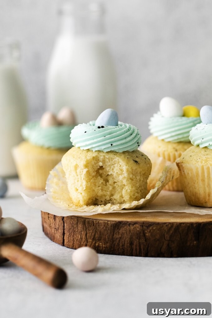 Finished robin's egg cupcakes on a table