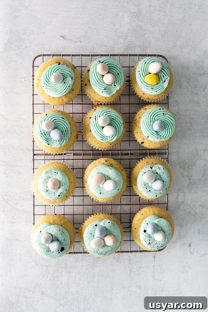 Piped blue buttercream on cupcakes