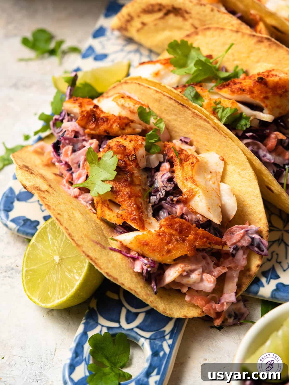 Grilled Fish Tacos Recipe with Cilantro Lime Slaw 3 tacos with grilled fish and coleslaw