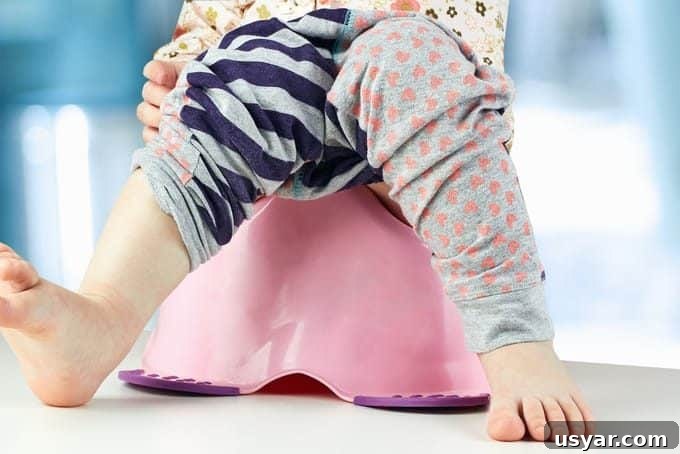 A little girl sitting on a potty chair.