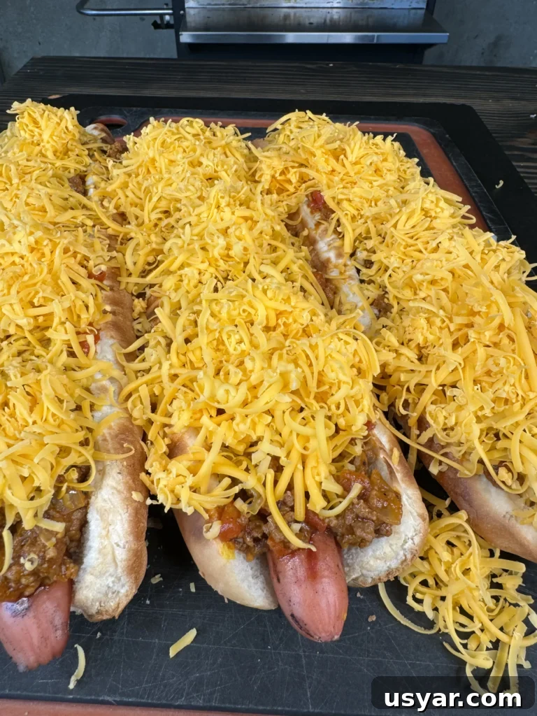 Homemade Chili Cheese Coneys Recipe 3 up close on the chili cheese coneys