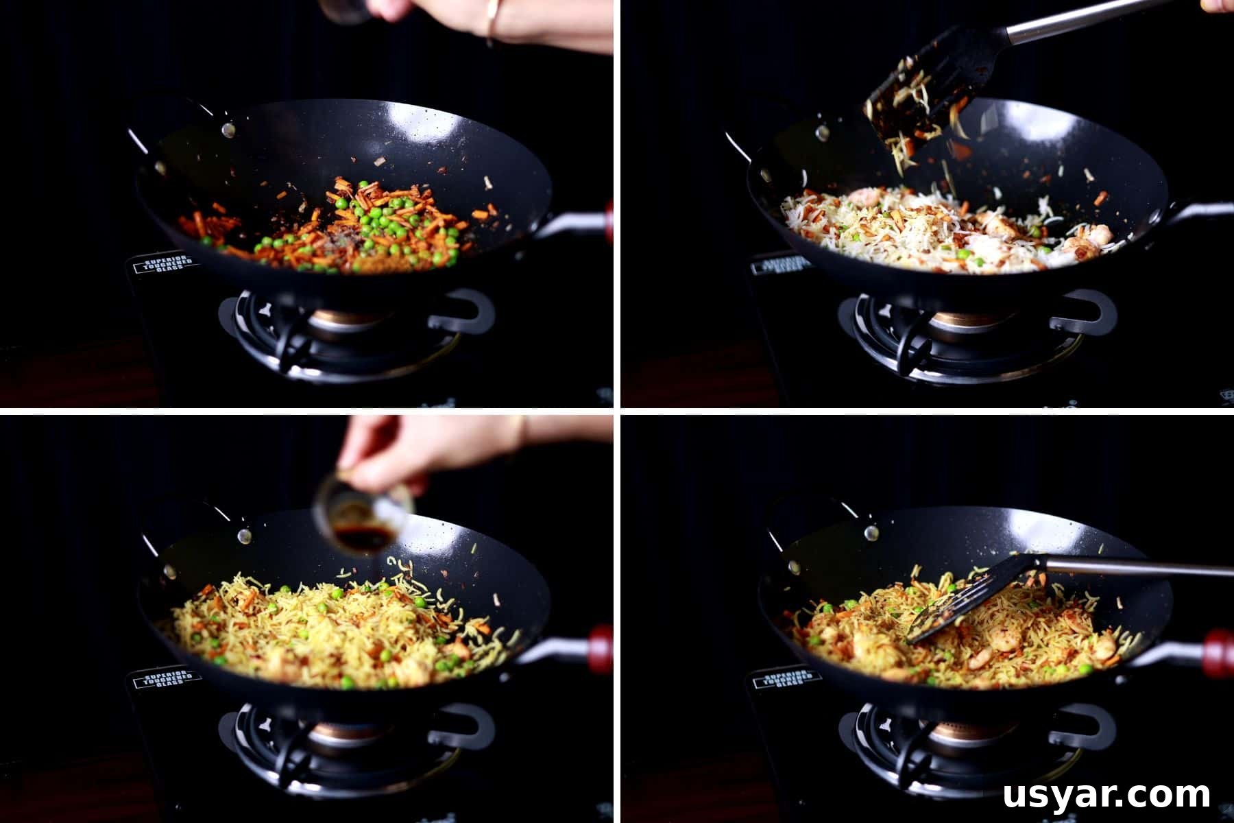 Quick Shrimp Curry Fried Rice Recipe 4 Step-by-step collage showing adding curry seasoning, combining rice with shrimp and vegetables, and garnishing with green onions.