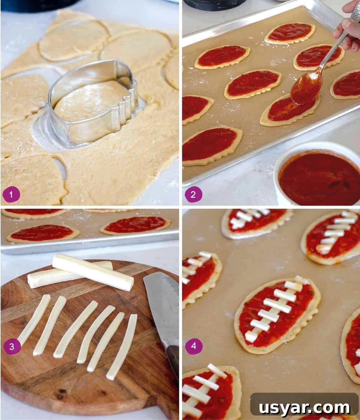 Game Day Mini Football Pizzas with Crescent Roll Dough 4 Steps showing how to make mini football pizzas.