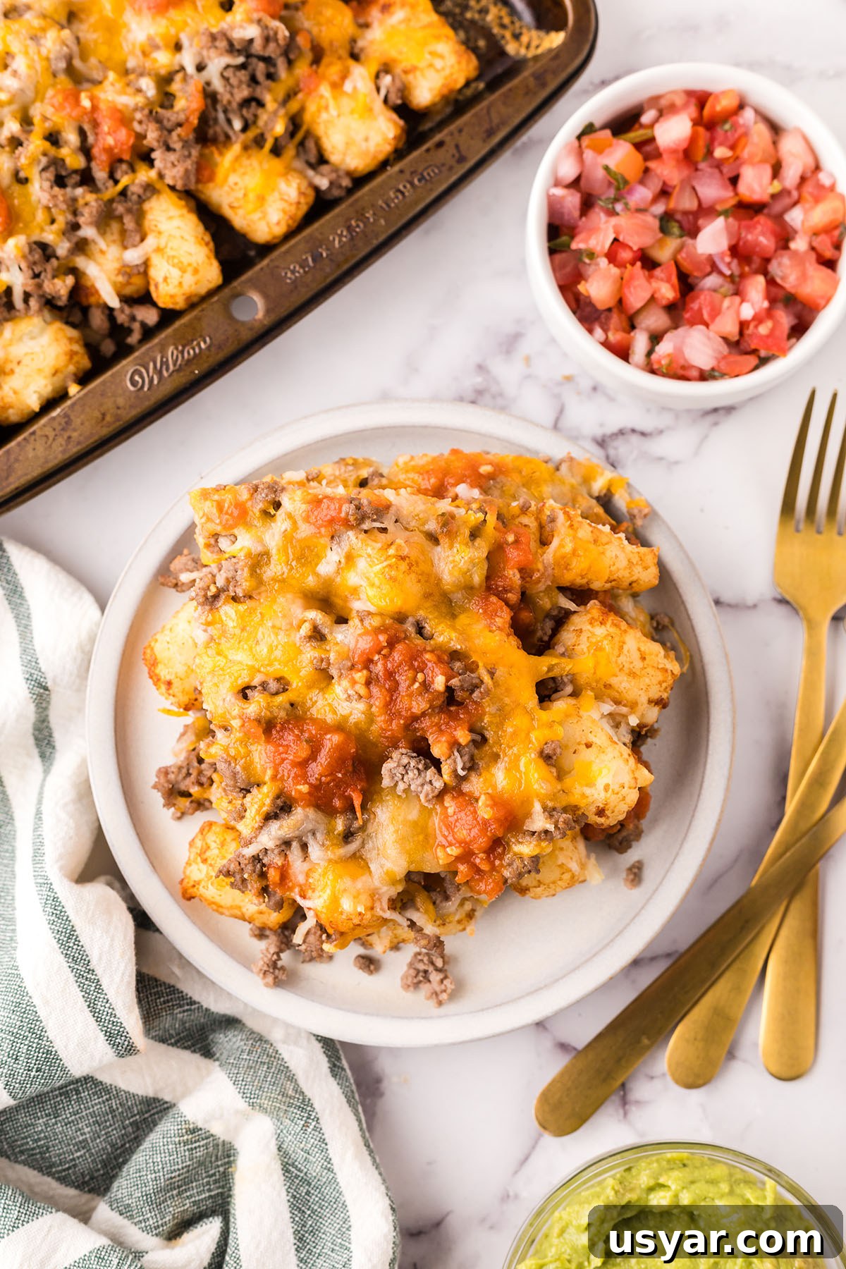 Mexican Totchos: Tater Tot Nachos with Pico and Cheese 2 A serving of Mexican Totchos on a plate.
