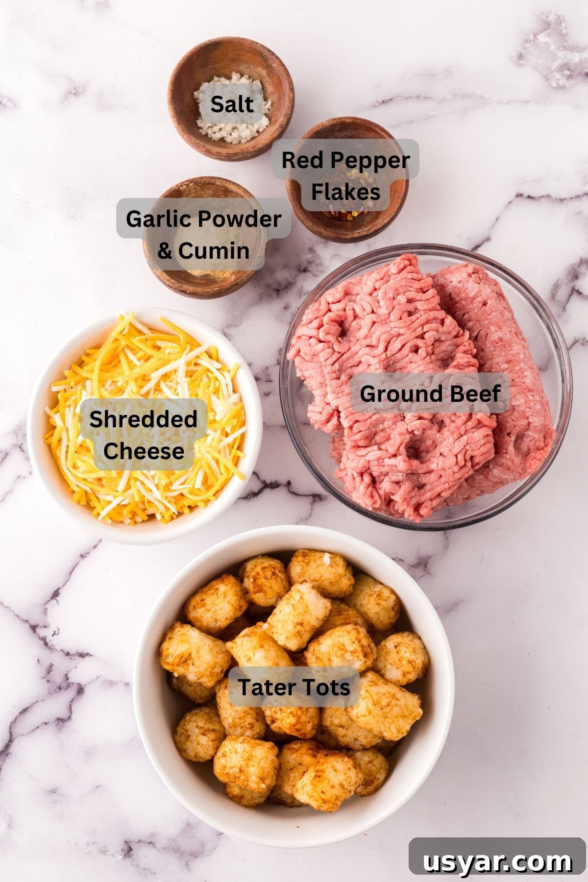 Mexican Totchos: Tater Tot Nachos with Pico and Cheese 3 Ingredients to make Mexican Totchos set out on the counter.