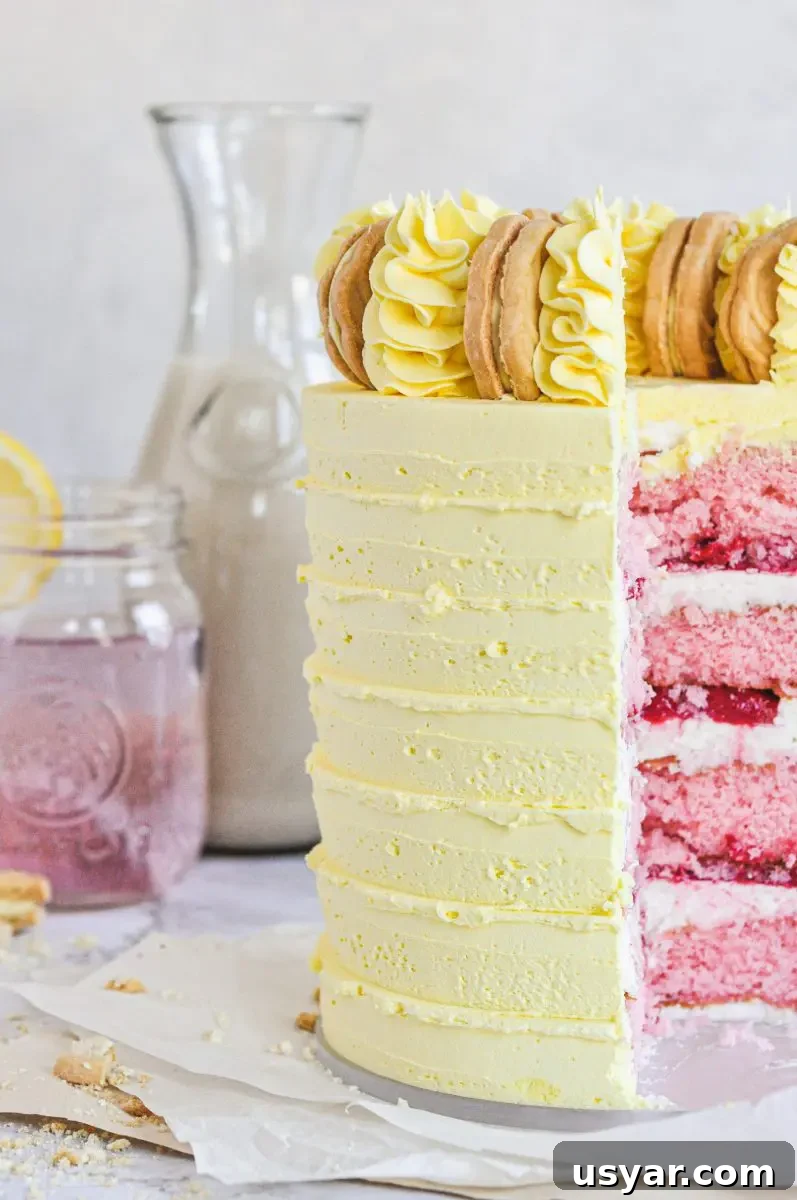 Homemade Pink Lemonade Cake Recipe 3 A yellow cake topped with frosting swirls and cookies. A slice is taken out and showing a bit of the pink cake layers inside.