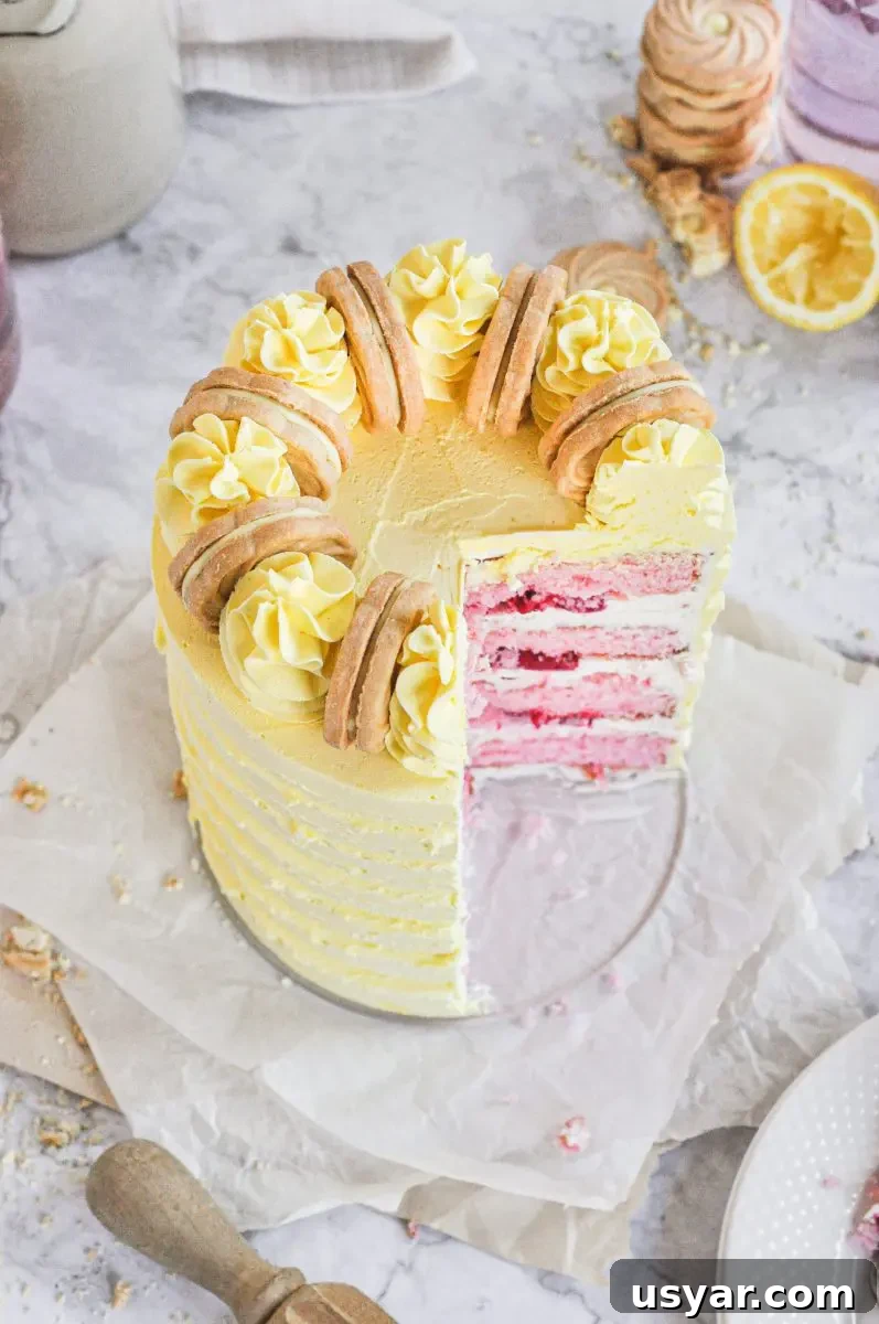Homemade Pink Lemonade Cake Recipe 4 A yellow cake with a large slice taken out and showing a little peek of the inside cake layers which are bright pink.