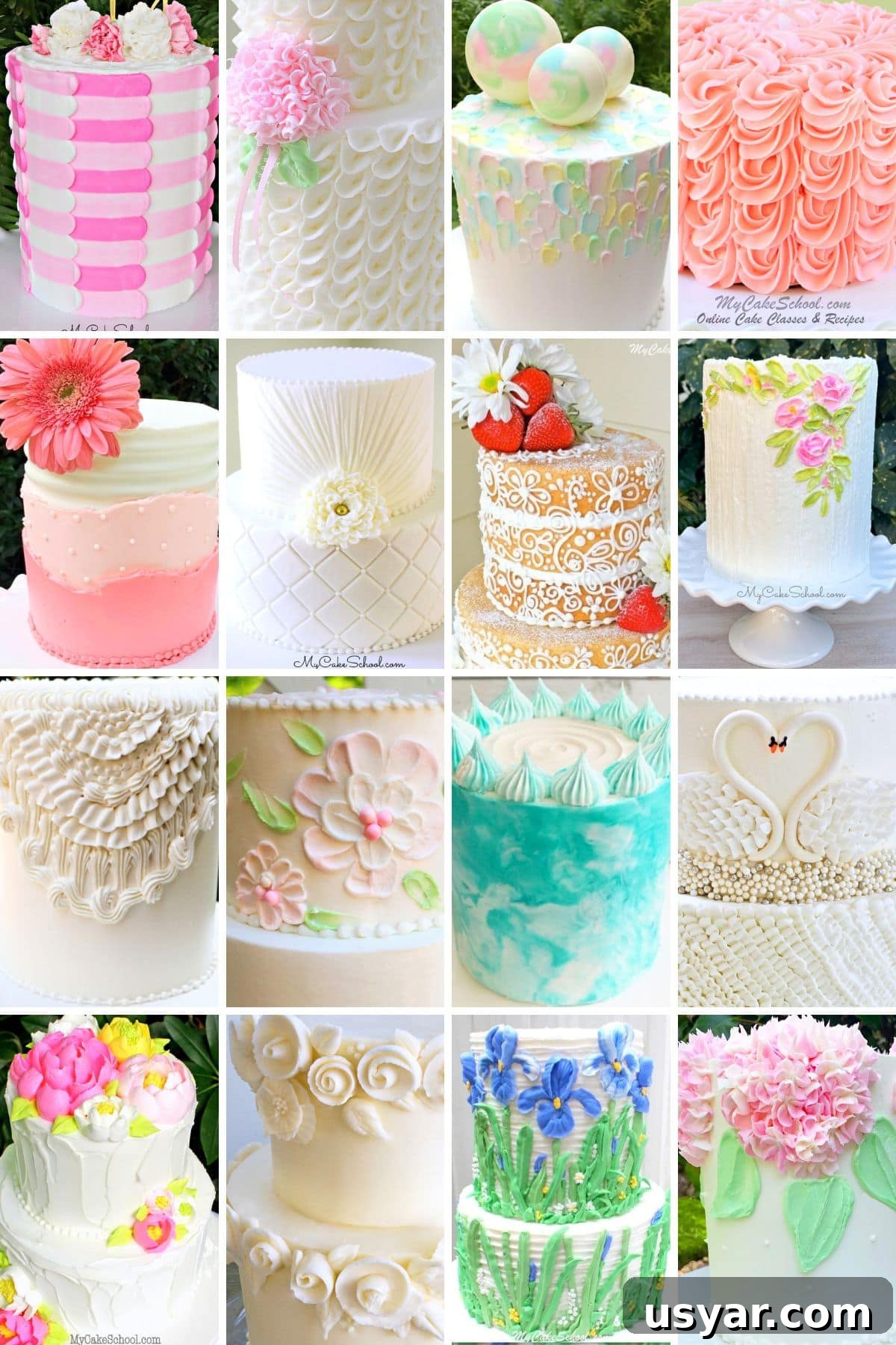 Photo grid of favorite buttercream cake design tutorials.