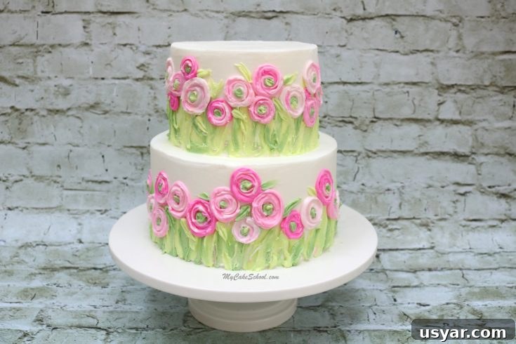 Ranunculus fields textured buttercream cake