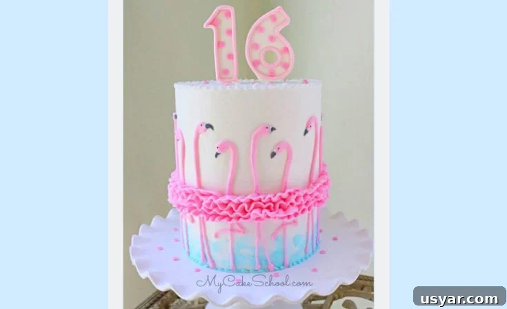 Flamingo ruffle buttercream cake