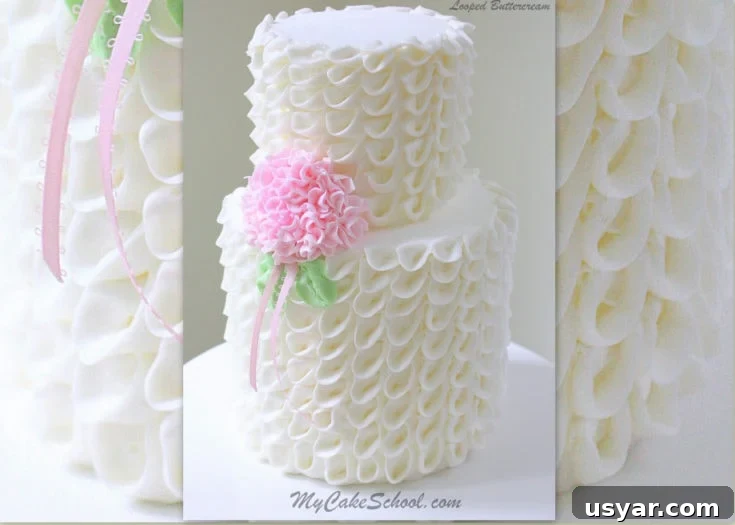 Looped ribbons of buttercream with hydrangea