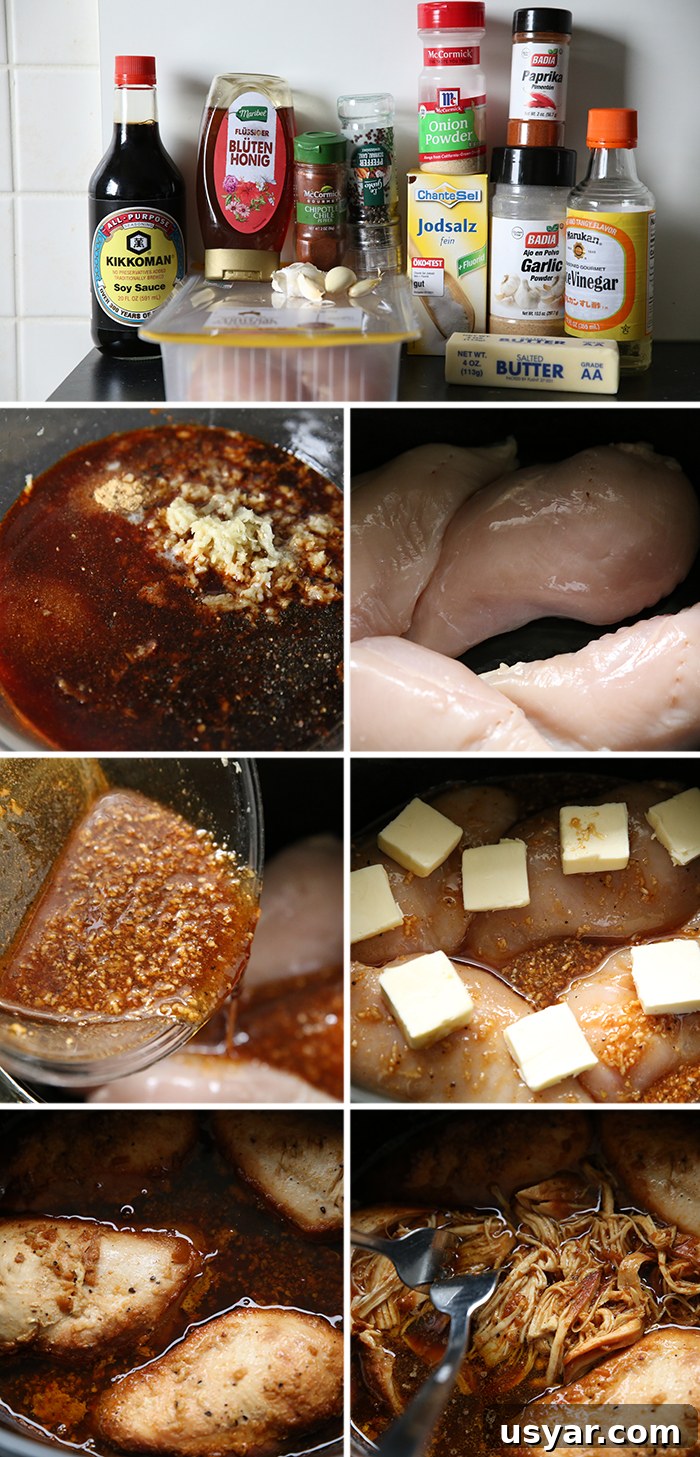 Slow Cooker Honey Garlic Chicken Recipe 4 7-photo picture collage of step-by-step photos of how to make Slow Cooker Honey Garlic Chicken.