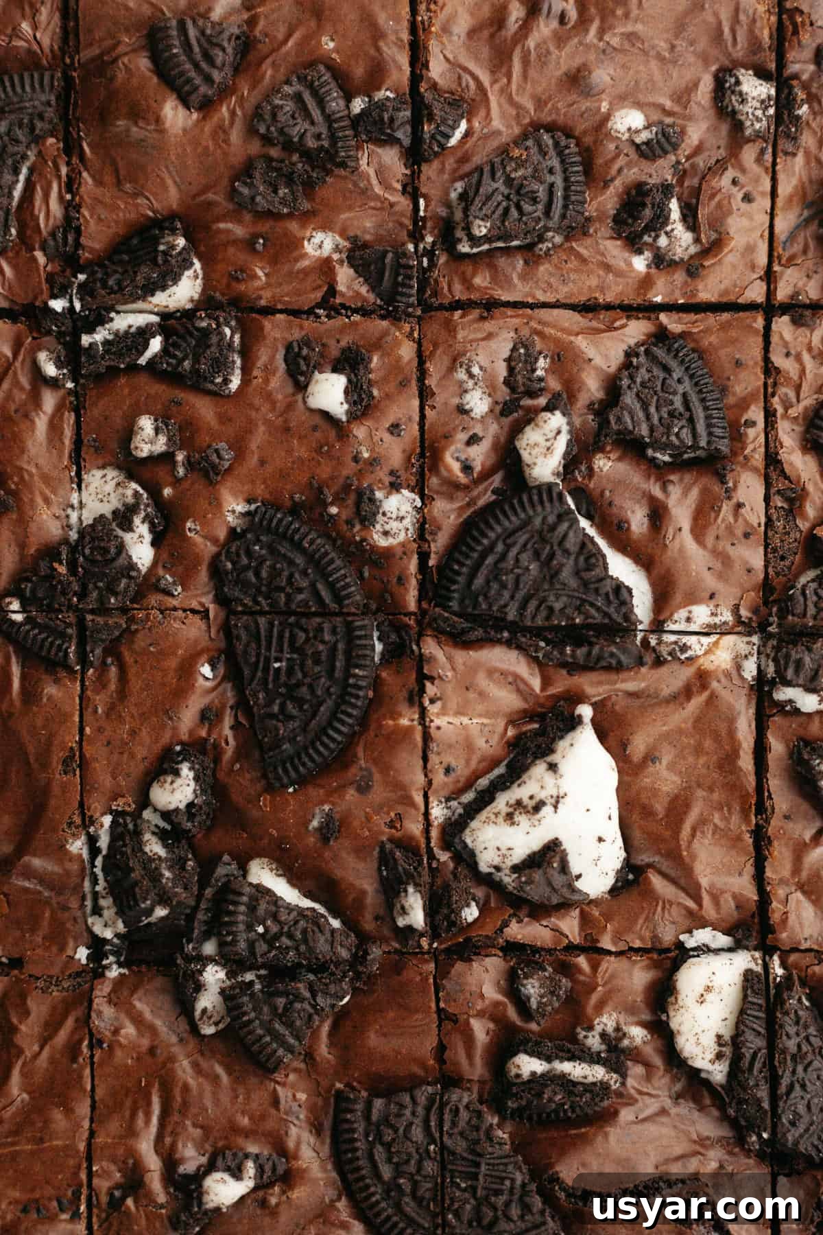 An overhead shot of Oreo brownies that have been sliced into squares.
