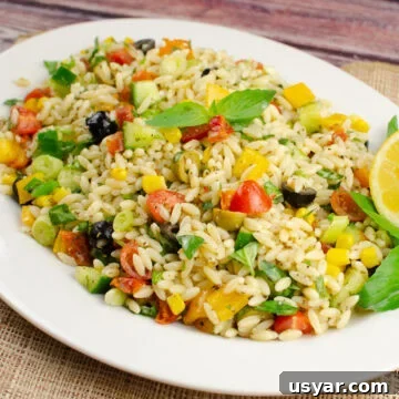 Fresh Orzo Pasta Salad served on a large white plate with fresh basil leaves and a lemon slice on the side