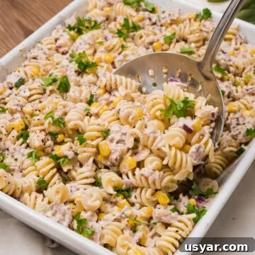 Scooping our tuna pasta salad up with a metal ladle