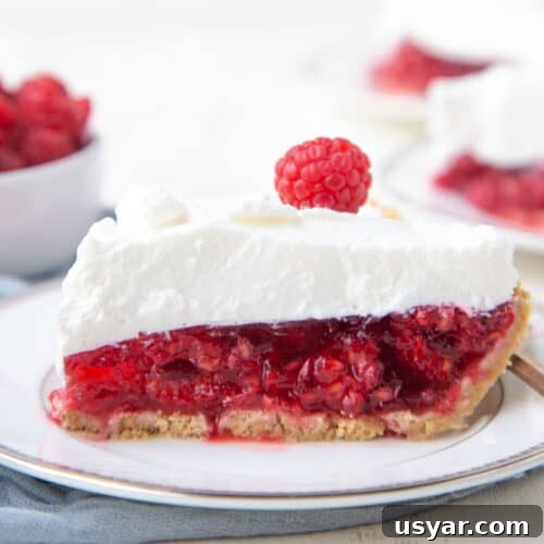 Creamy Banana Pudding Recipe with Sour Cream 14 slice of no-bake raspberry pie topped with whipped cream and a single raspberry on a white plate.