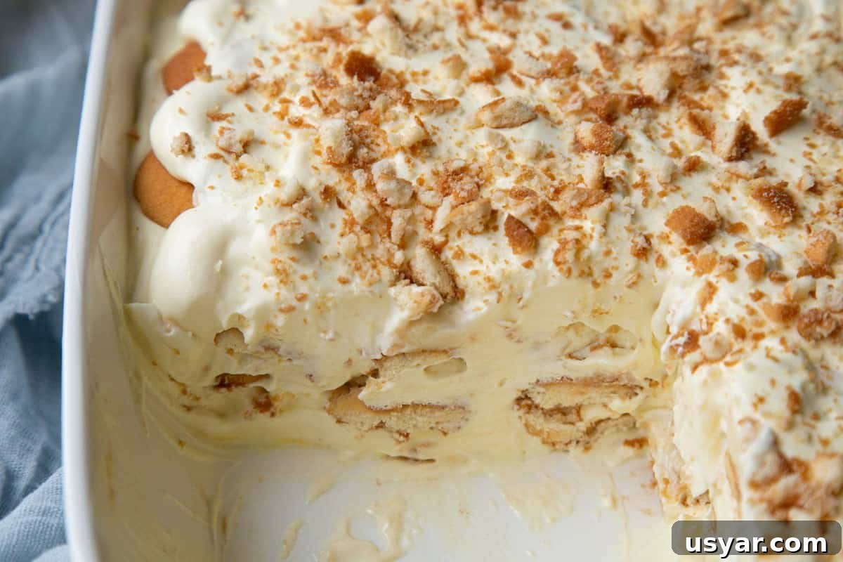 Creamy Banana Pudding Recipe with Sour Cream 3 banana pudding inside a baking pan with portion removed to show layers