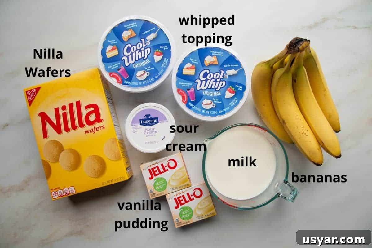 Creamy Banana Pudding Recipe with Sour Cream 4 banana pudding with sour cream ingredients with text labels.