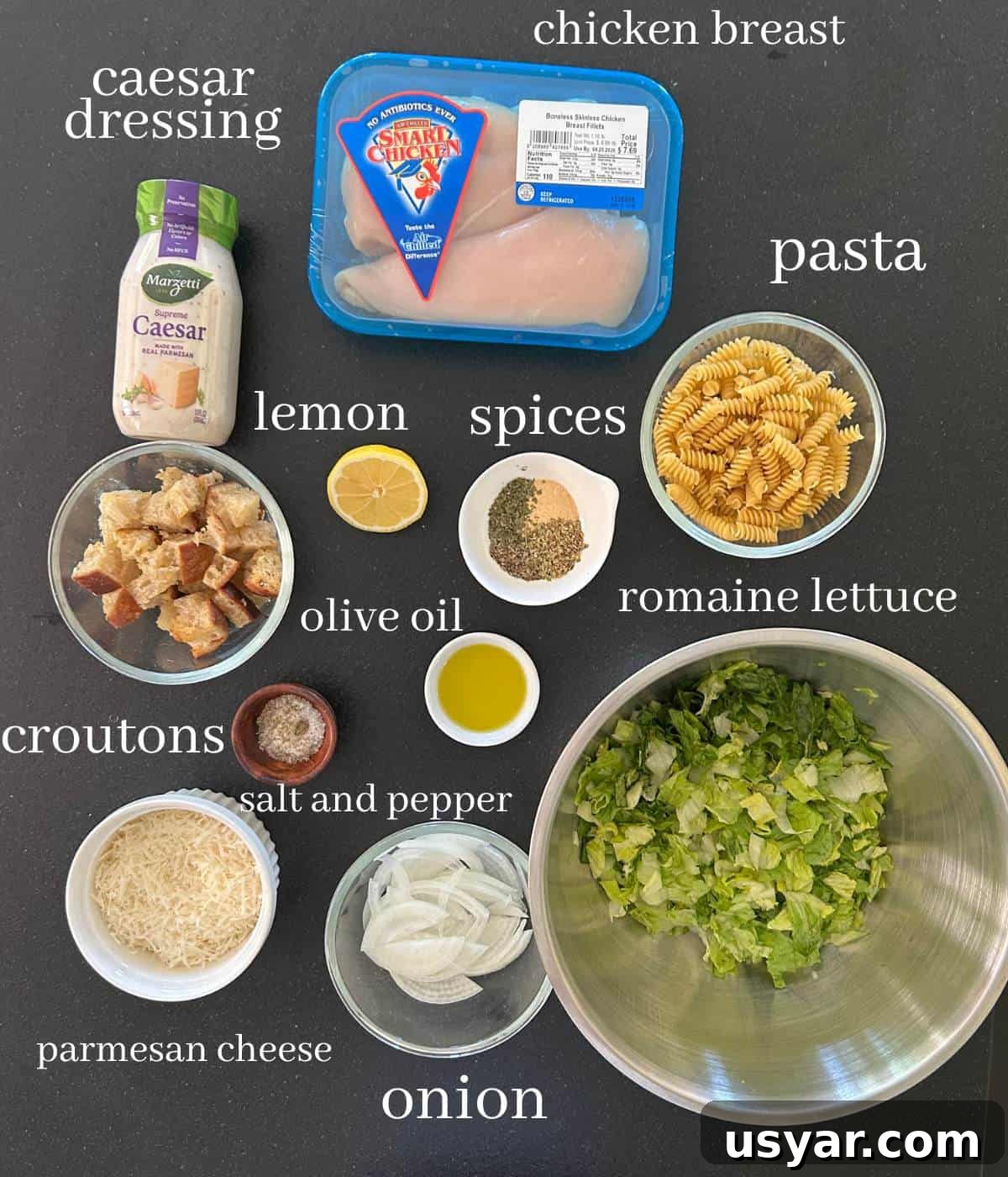 Creamy Chicken Caesar Pasta Salad Recipe 3 Ingredients for pasta salad.