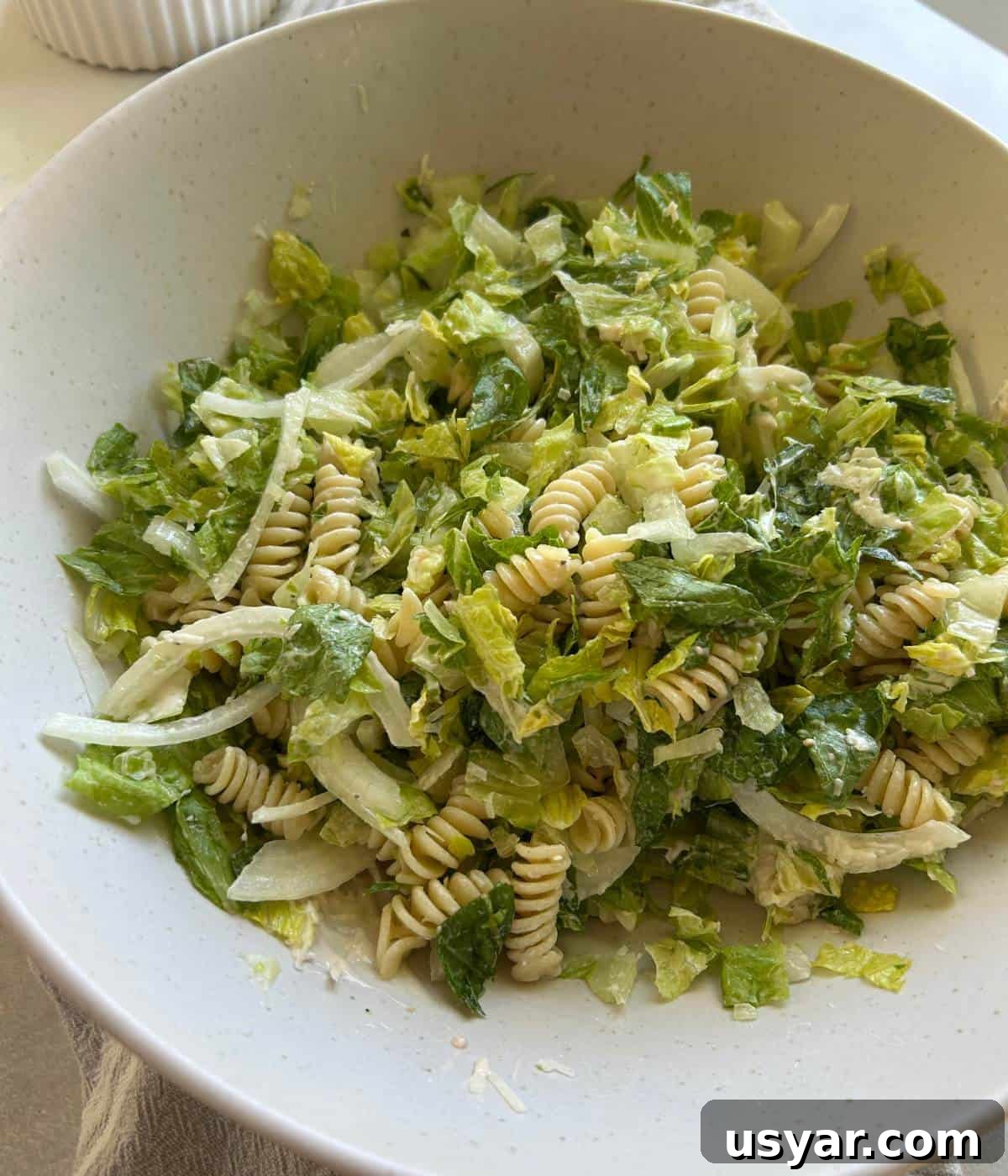Creamy Chicken Caesar Pasta Salad Recipe 8 Assembling the Caesar Salad in a bowl.