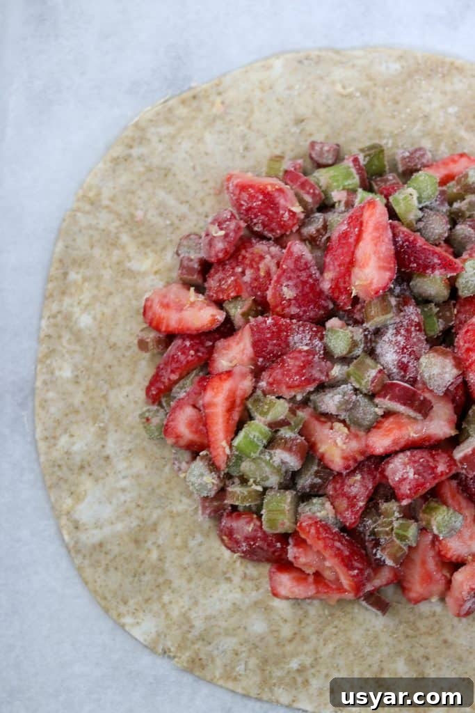 Rustic Strawberry Rhubarb Galette with Rye Crust 6 Galette dough topped with strawberries, rhubarb and sugar