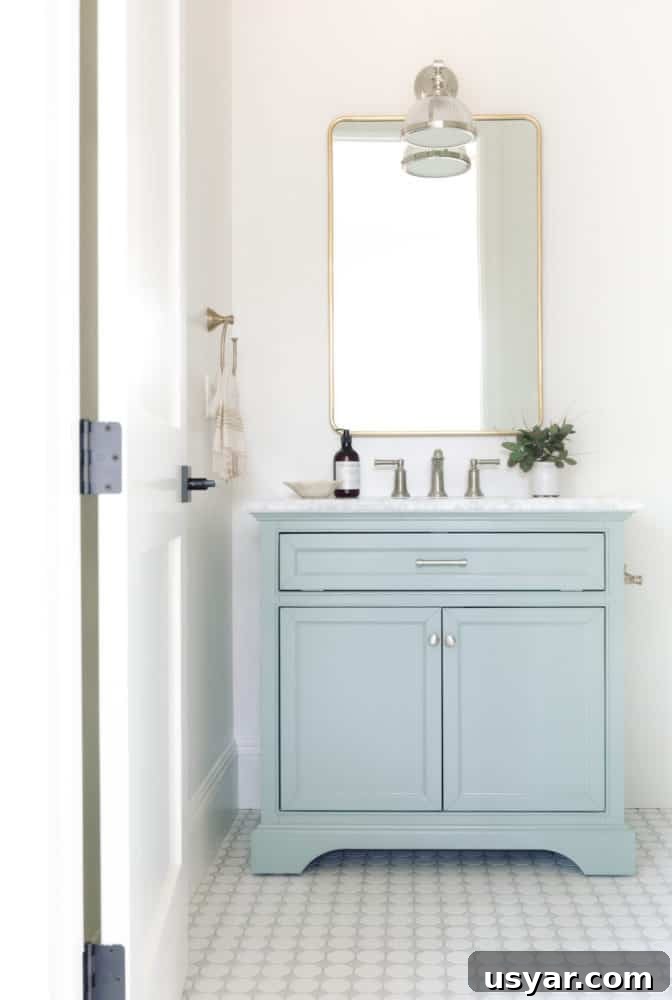 Beautiful small bathroom design with blue vanity and white walls with mixed metals.