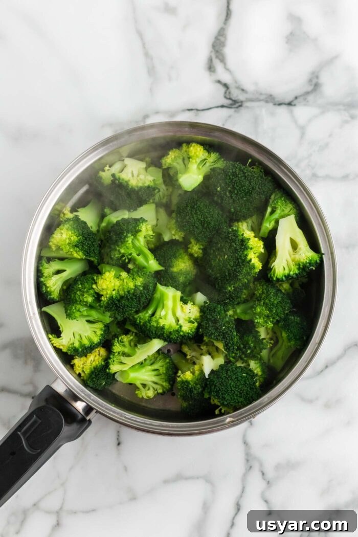 Steaming pot of freshly steamed broccoli florets on a marble surface.