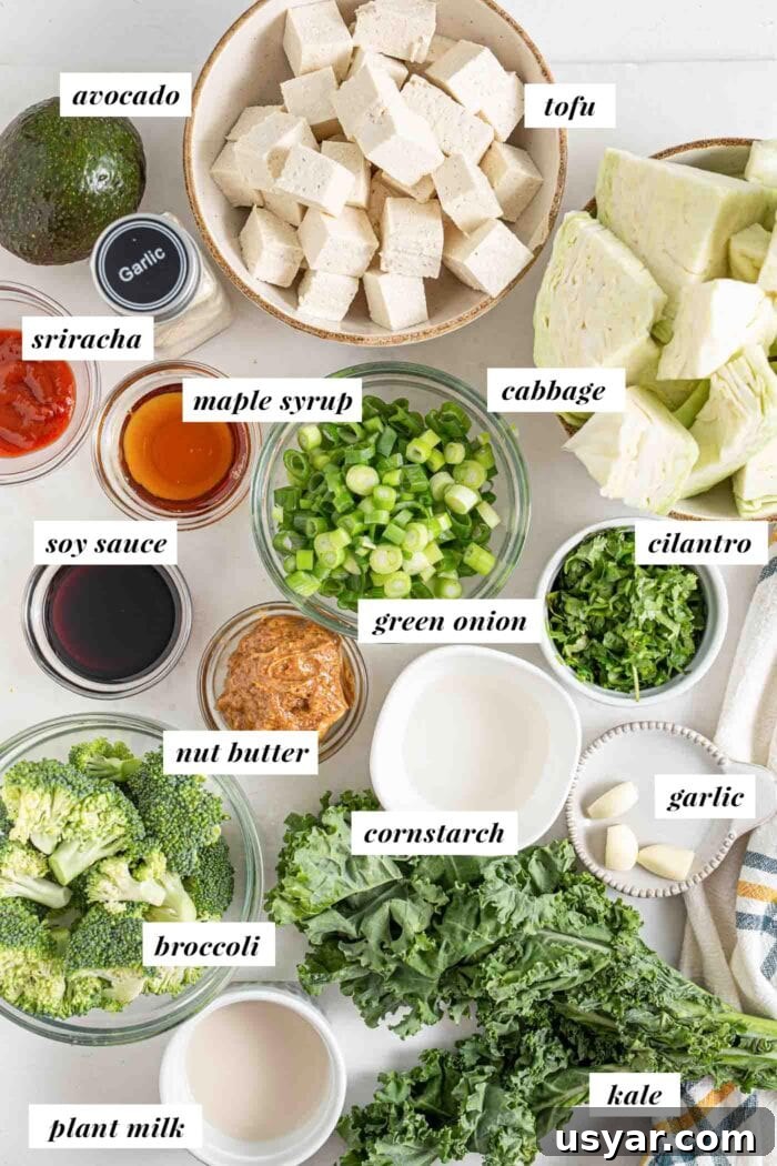 Labelled photo of ingredients for a low-carb dinner bowl.