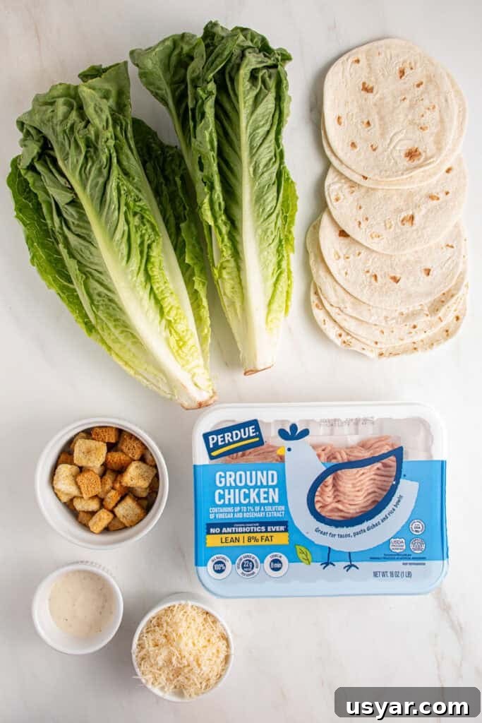 Ingredients for making chicken caesar smash tacos on a tabletop.