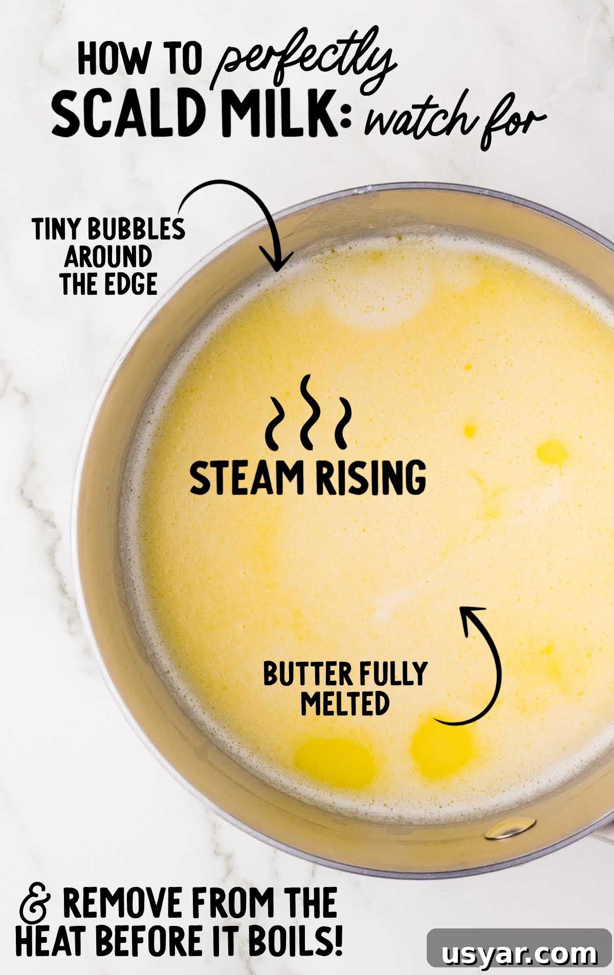 Vintage Hot Milk Cake Recipe 4 Scalding milk in a saucepan with notes pointing to steam, bubbles, and melted butter.