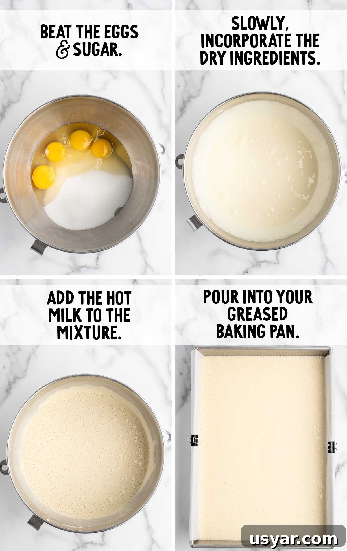 Vintage Hot Milk Cake Recipe 5 Step-by-step process showing mixing the batter and preparing hot milk cake for baking.