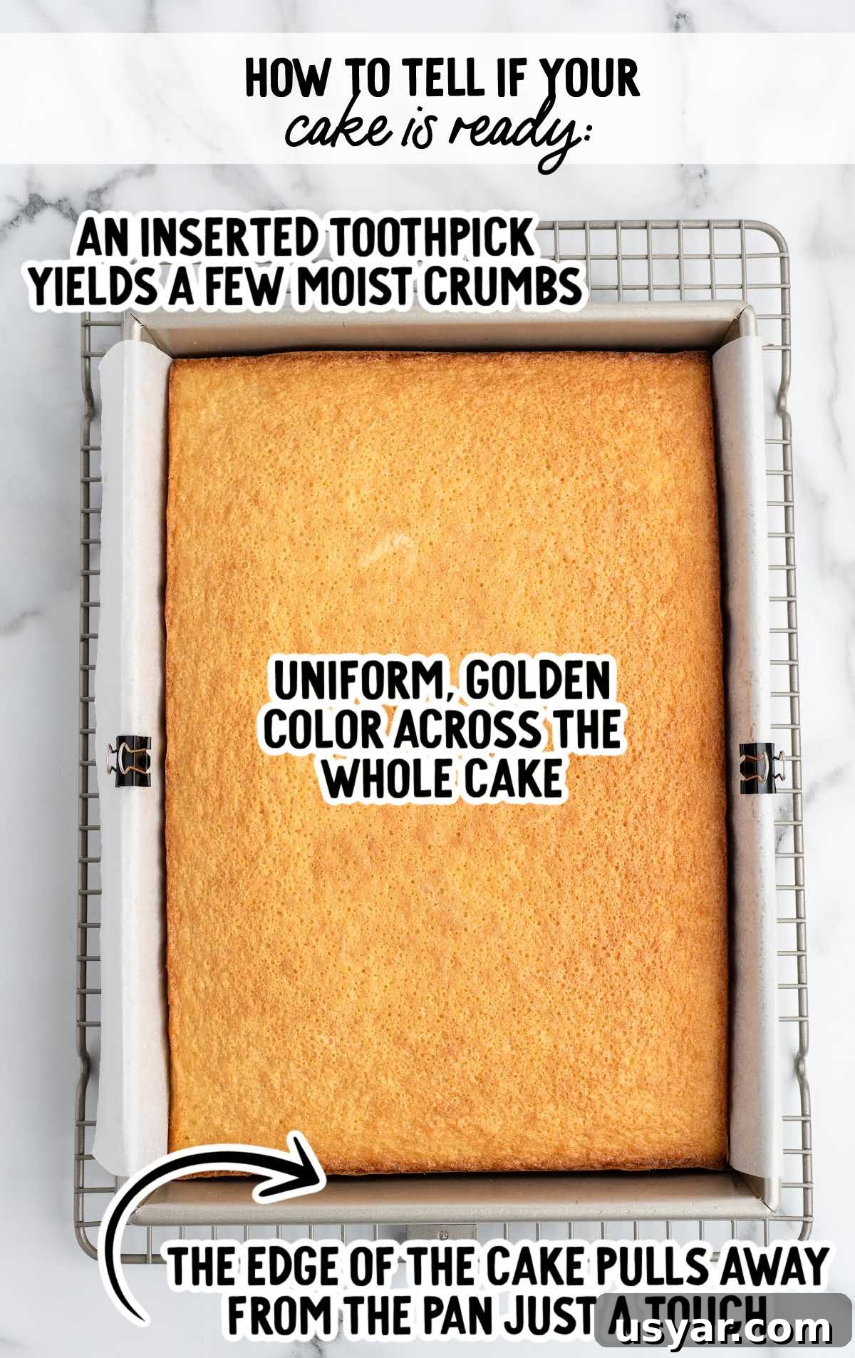 Vintage Hot Milk Cake Recipe 6 Baked hot milk cake in a pan showing golden color, slightly pulled edges, and notes explaining how to tell when the cake is done.