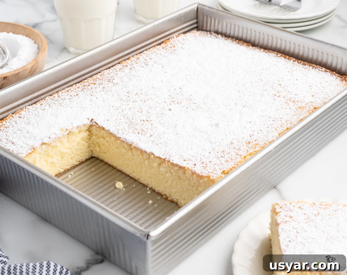 Vintage Hot Milk Cake Recipe 7 Hot milk cake baked in a metal 9×13 pan, dusted generously with powdered sugar, with one square cut out to show the soft vanilla crumb.