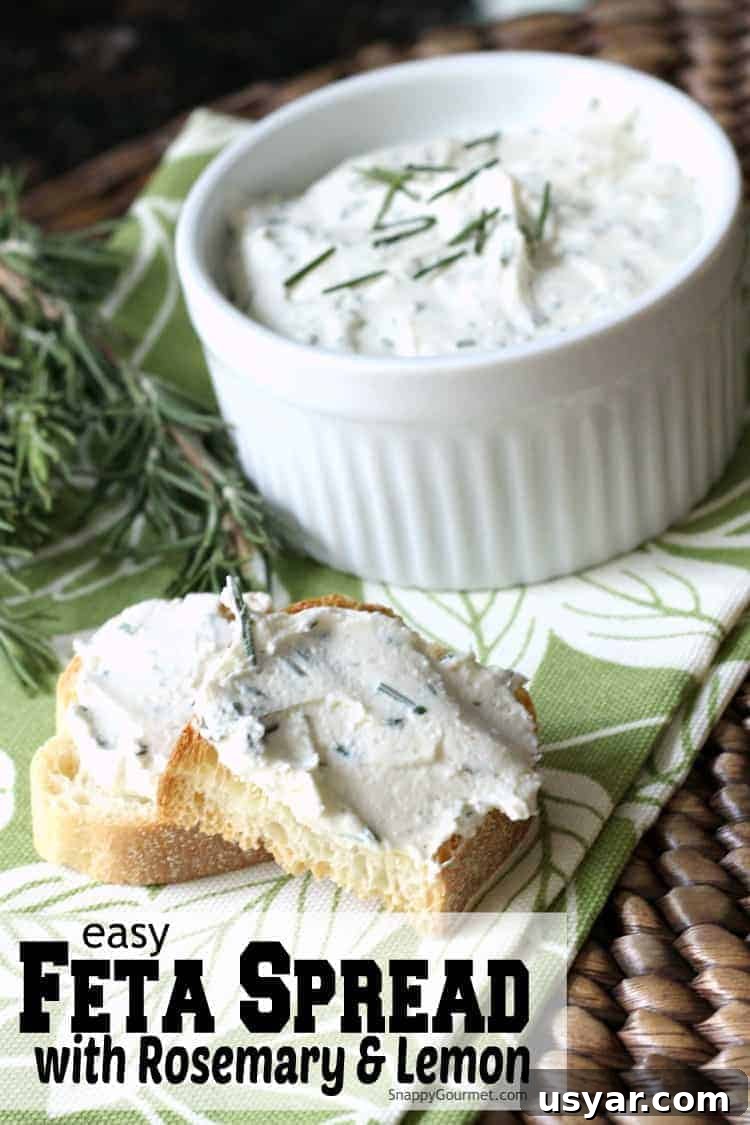 Feta Spread with Rosemary and Lemon recipe - quick appetizer with only 5 ingredients feta spread in bowl with crostini